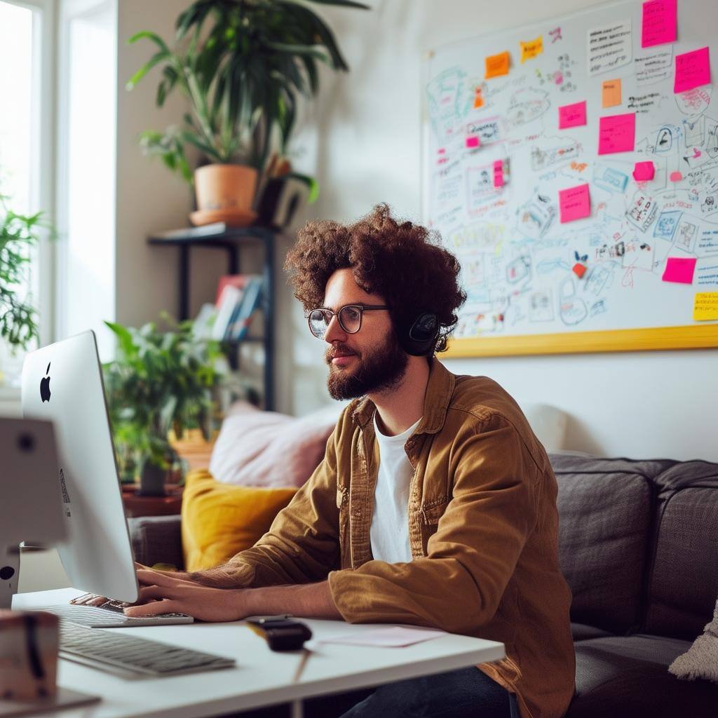 Specialised Content Creator working at his Mac Studio in a brightly lit office with chill out sofa